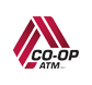 A red and white striped background with the words " co-op atm ".