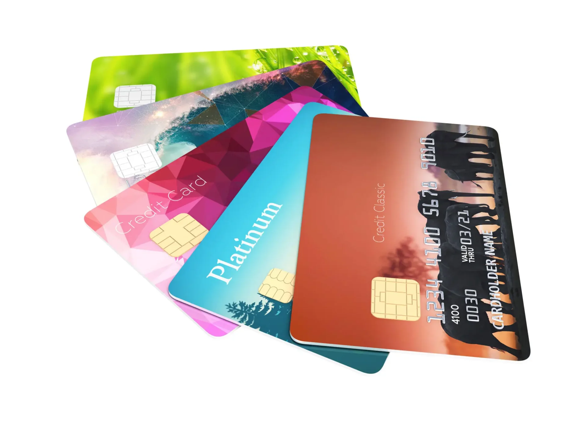 Stack of colorful credit cards with chips